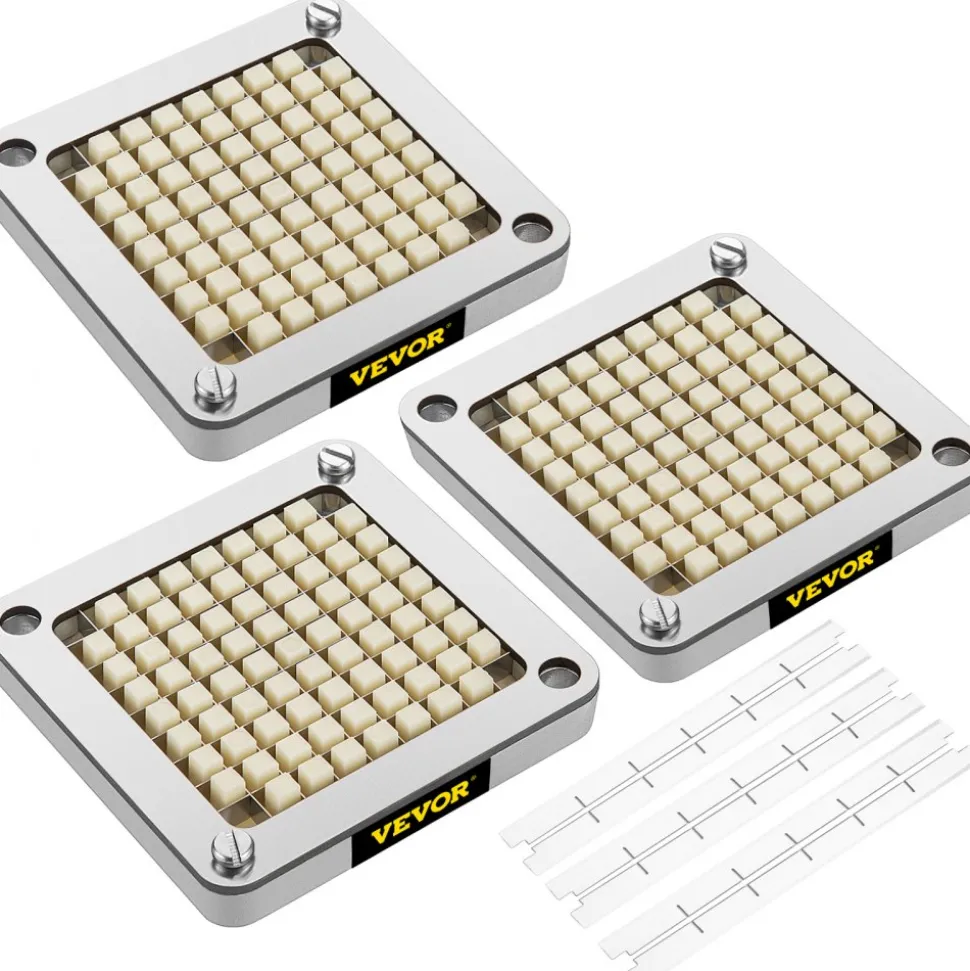 VEVOR Replacement Chopper Blade, 3/8 inch, 3 PCS French Fry Blade Assembly with 6 Extra Knives, Stainless Steel Dicer Parts and Push Block for Cutting Potatoes Carrots Onions Cucumbers Mushrooms