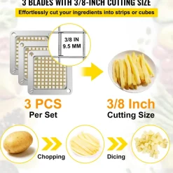 VEVOR Replacement Chopper Blade, 3/8 inch, 3 PCS French Fry Blade Assembly with 6 Extra Knives, Stainless Steel Dicer Parts and Push Block for Cutting Potatoes Carrots Onions Cucumbers Mushrooms
