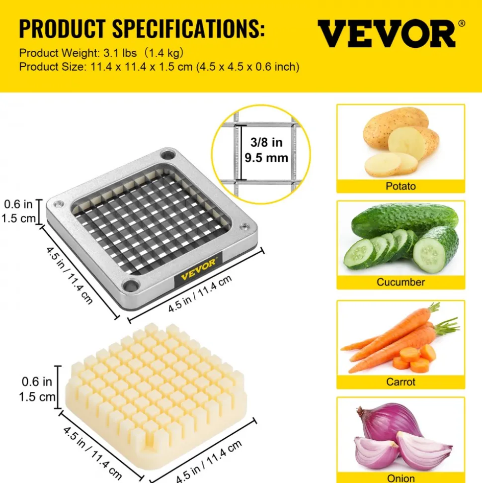 VEVOR Replacement Chopper Blade, 3/8 inch, 3 PCS French Fry Blade Assembly with 6 Extra Knives, Stainless Steel Dicer Parts and Push Block for Cutting Potatoes Carrots Onions Cucumbers Mushrooms