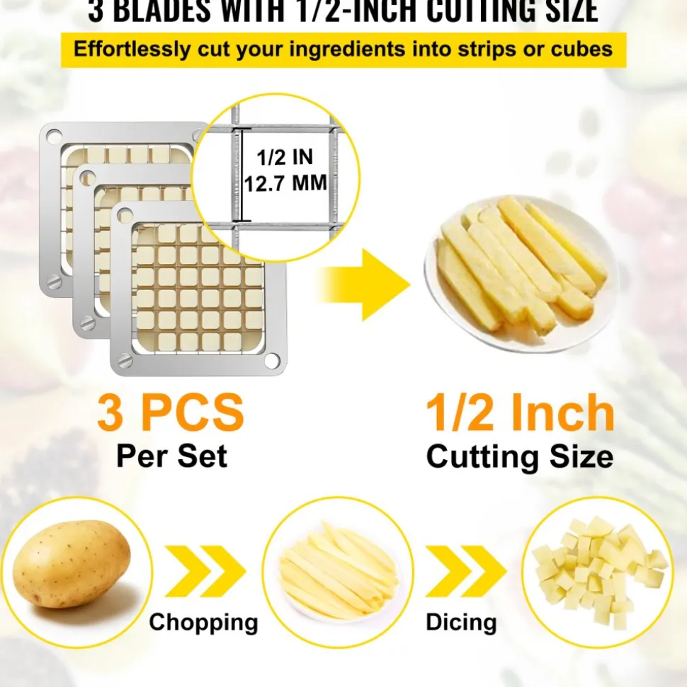 VEVOR Replacement Chopper Blade, 1/2 inch, 3 PCS French Fry Blade Assembly with 6 Extra Knives, Stainless Steel Dicer Parts and Push Block for Cutting Potatoes Carrots Onions Cucumbers Mushrooms