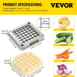 VEVOR Replacement Chopper Blade, 1/2 inch, 3 PCS French Fry Blade Assembly with 6 Extra Knives, Stainless Steel Dicer Parts and Push Block for Cutting Potatoes Carrots Onions Cucumbers Mushrooms