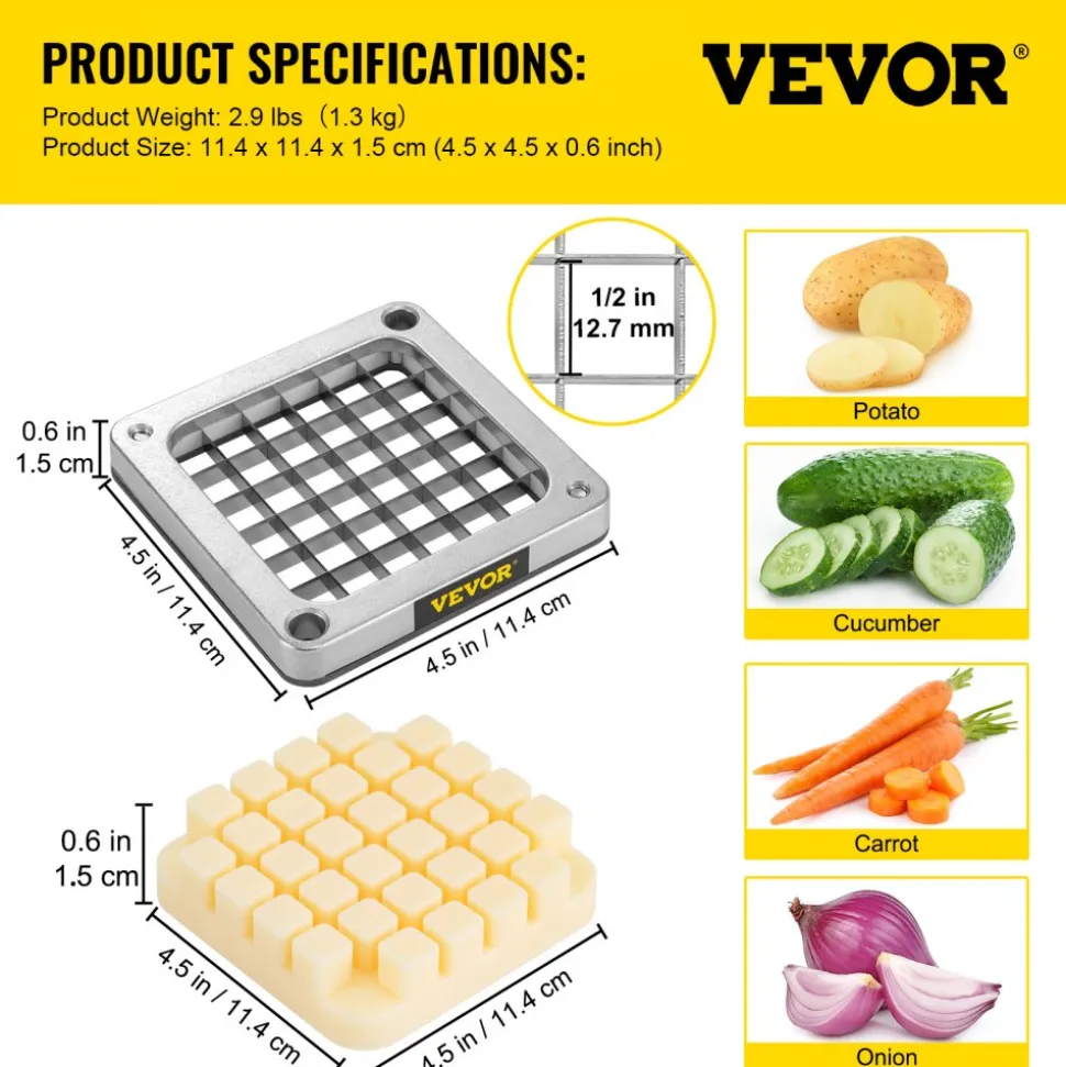 VEVOR Replacement Chopper Blade, 1/2 inch, 3 PCS French Fry Blade Assembly with 6 Extra Knives, Stainless Steel Dicer Parts and Push Block for Cutting Potatoes Carrots Onions Cucumbers Mushrooms
