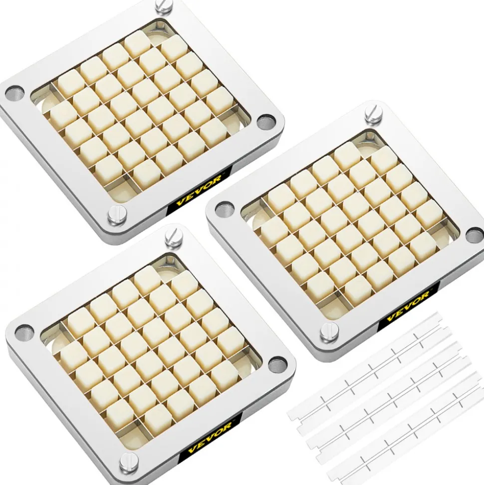 VEVOR Replacement Chopper Blade, 1/2 inch, 3 PCS French Fry Blade Assembly with 6 Extra Knives, Stainless Steel Dicer Parts and Push Block for Cutting Potatoes Carrots Onions Cucumbers Mushrooms