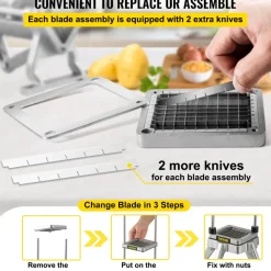 VEVOR Replacement Chopper Blade, 1/4 inch, 3 PCS French Fry Blade Assembly with 6 Extra Knives, Stainless Steel Dicer Parts and Push Block for Cutting Potatoes Carrots Onions Cucumbers Mushrooms
