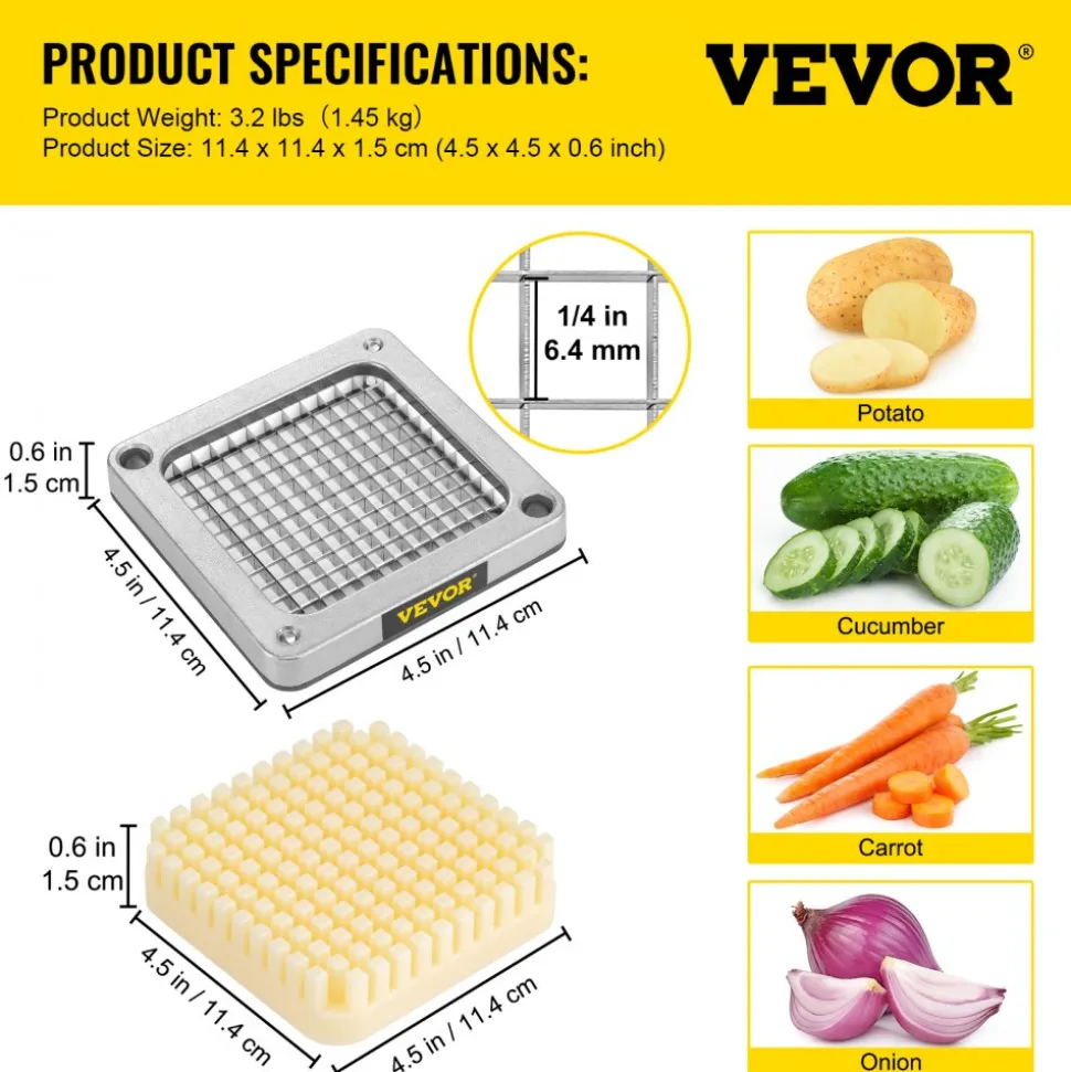 VEVOR Replacement Chopper Blade, 1/4 inch, 3 PCS French Fry Blade Assembly with 6 Extra Knives, Stainless Steel Dicer Parts and Push Block for Cutting Potatoes Carrots Onions Cucumbers Mushrooms