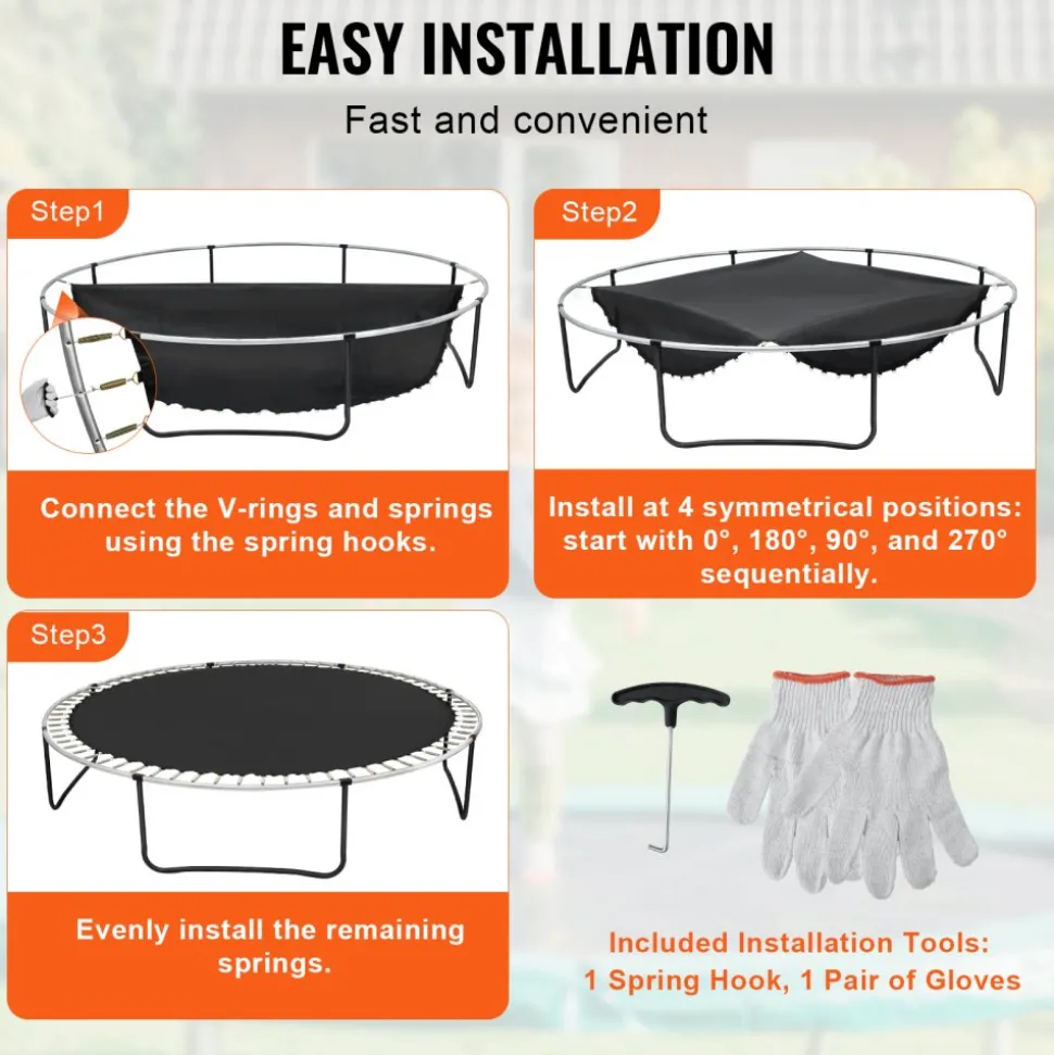 VEVOR Replacement Trampoline Mat, Jumping Mat Fits 12ft Frame, Universal Jumping Mat for 12ft Round Trampoline, Reinforce UV-Resistant Mat with Spring Tool & Durable V-Rings, Fit 5.5" Spring Length