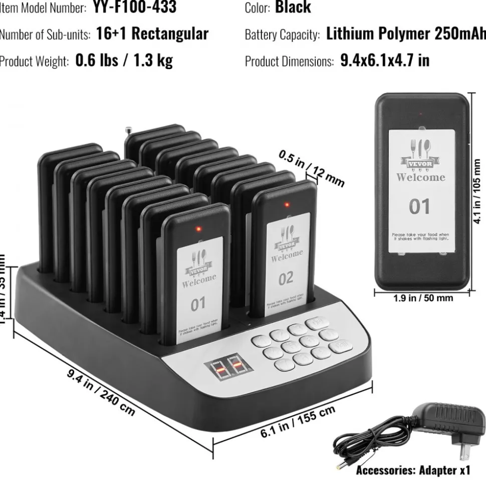 VEVOR Restaurant Pager System, Wireless 500m Long Range Lineup Waiting Queue Signal, Guest Customer Calling Beepers with Vibration & Flashing, 16 Buzzers for Food Truck, Church, Nursery, Hospital