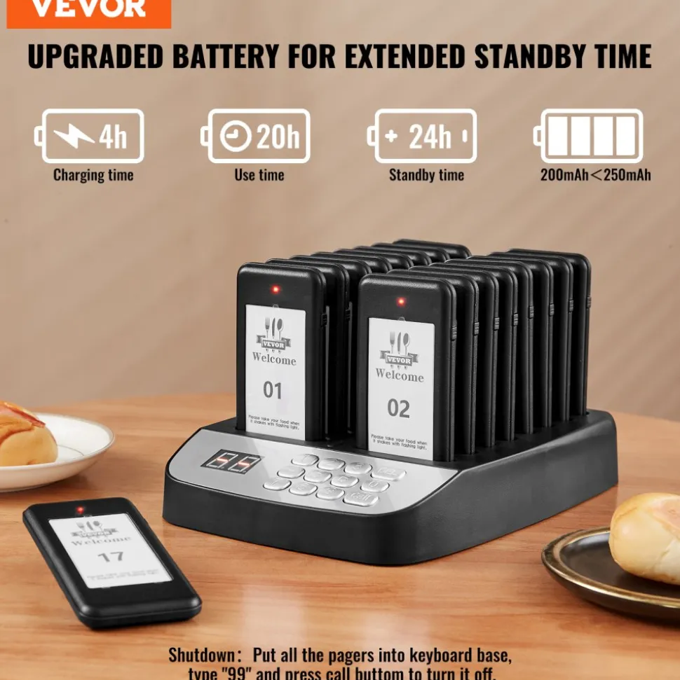 VEVOR Restaurant Pager System, Wireless 500m Long Range Lineup Waiting Queue Signal, Guest Customer Calling Beepers with Vibration & Flashing, 16 Buzzers for Food Truck, Church, Nursery, Hospital