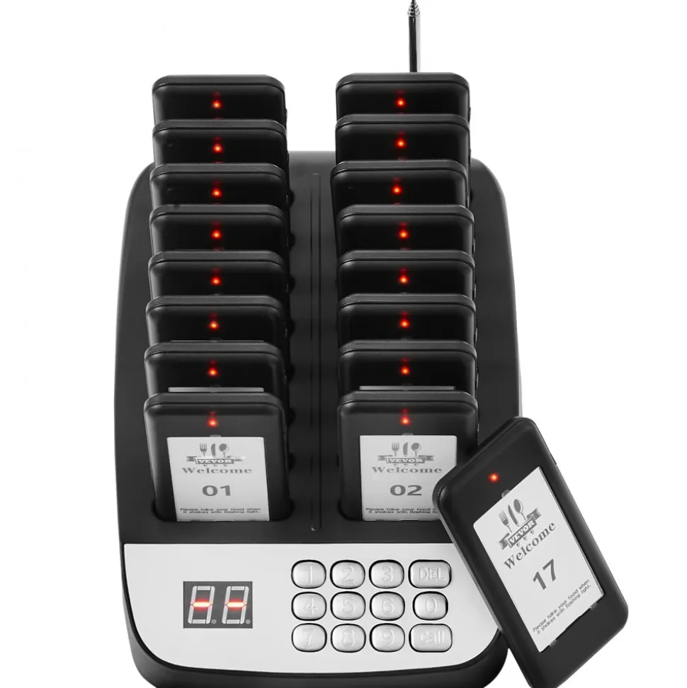 VEVOR Restaurant Pager System, Wireless 500m Long Range Lineup Waiting Queue Signal, Guest Customer Calling Beepers with Vibration & Flashing, 16 Buzzers for Food Truck, Church, Nursery, Hospital