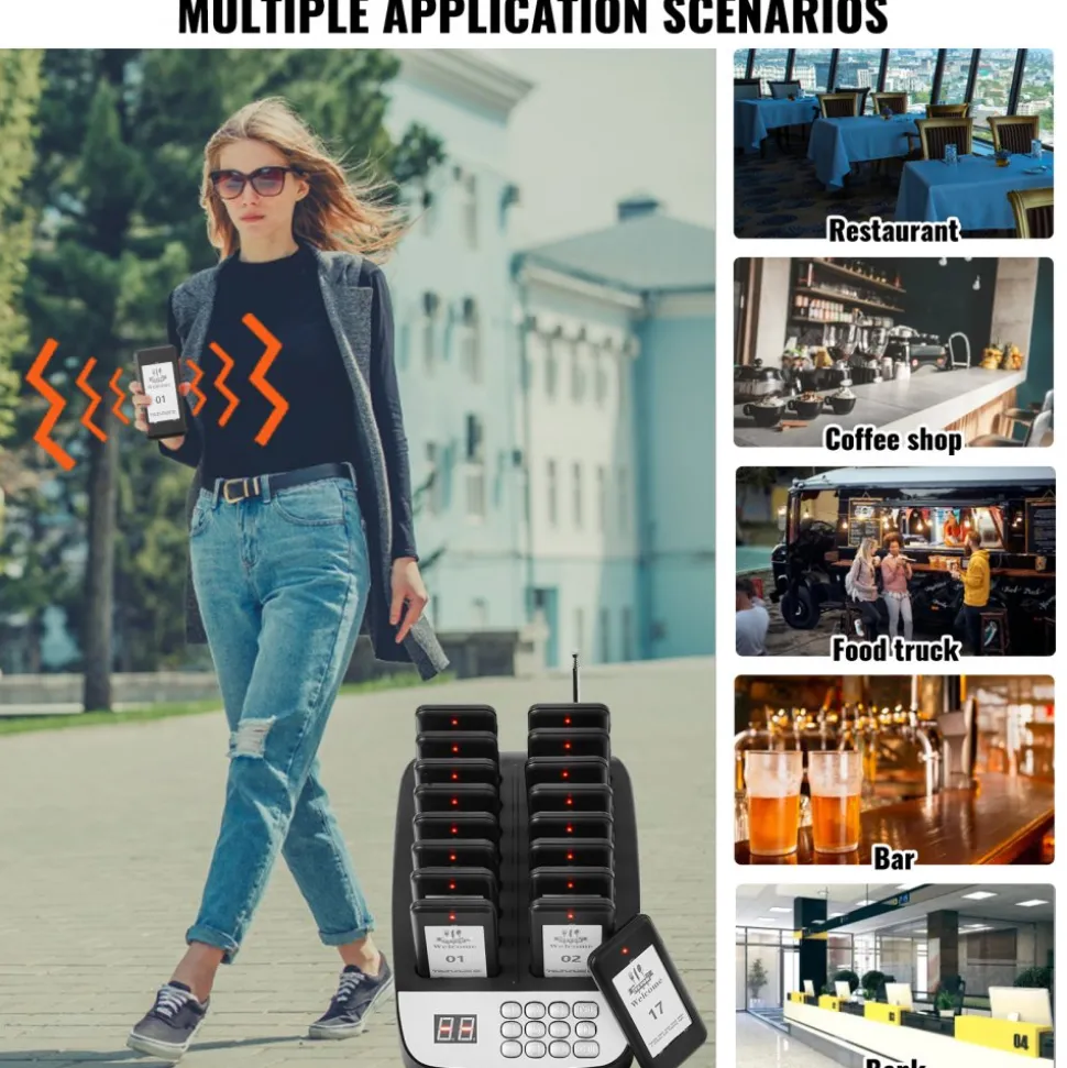 VEVOR Restaurant Pager System, Wireless 500m Long Range Lineup Waiting Queue Signal, Guest Customer Calling Beepers with Vibration & Flashing, 16 Buzzers for Food Truck, Church, Nursery, Hospital