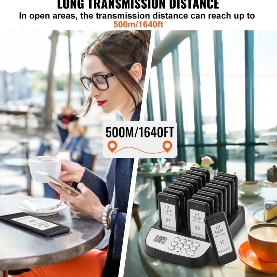 VEVOR Restaurant Pager System, Wireless 500m Long Range Lineup Waiting Queue Signal, Guest Customer Calling Beepers with Vibration & Flashing, 16 Buzzers for Food Truck, Church, Nursery, Hospital