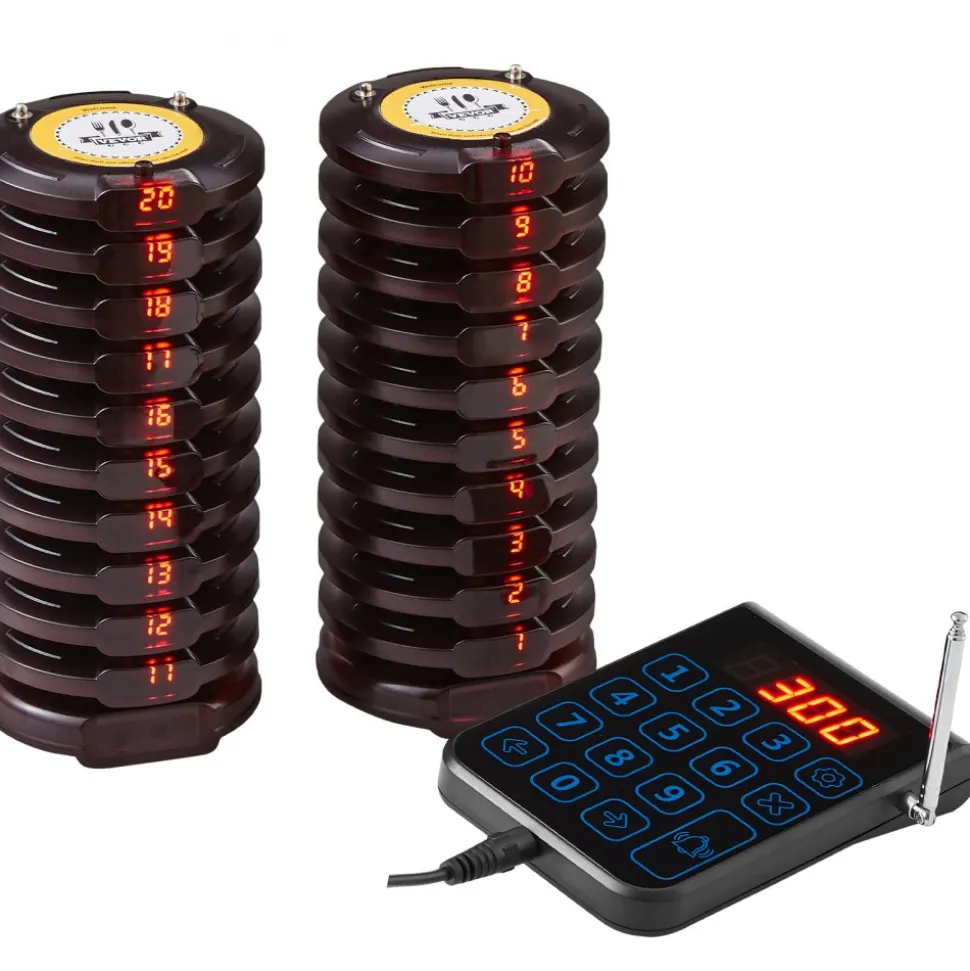 VEVOR Restaurant Pager System, Wireless 500m Long Range Lineup Waiting Queue Signal, Guest Customer Calling Beepers with Vibration & Flashing, 20 Buzzers for Food Truck, Church, Nursery, Hospital