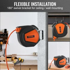 VEVOR Retractable Air Hose Reel, 3/8 IN x 50 FT Hybrid Air Hose Max 300PSI, Air Compressor Hose Reel with 5 In Lead in, Ceiling / Wall Mount Enclosed Air Reel, 180° Swivel Mount