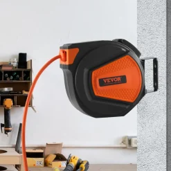 VEVOR Retractable Air Hose Reel, 3/8 IN x 50 FT Hybrid Air Hose Max 300PSI, Air Compressor Hose Reel with 5 In Lead in, Ceiling / Wall Mount Enclosed Air Reel, 180° Swivel Mount