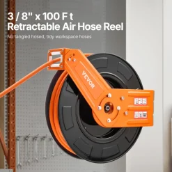 VEVOR Retractable Air Hose Reel, 3/8IN x 100FT Rubber Air Hose Max 300PSI, Air Compressor Hose Reel Auto-Rewind with 5FT Lead in, Ceiling/Wall Mount Heavy Duty Single Arm Steel Reel, 1/4" NPT Fitting