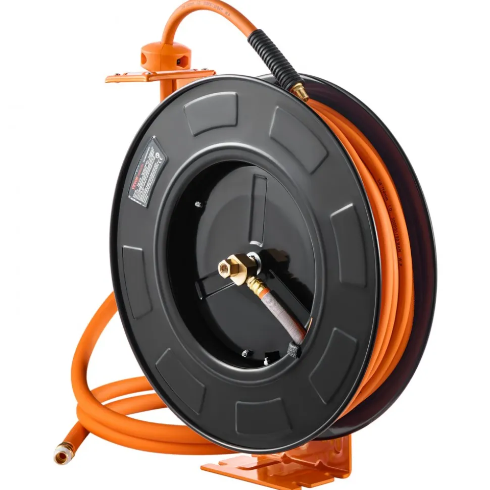 VEVOR Retractable Air Hose Reel, 3/8IN x 50FT Rubber Air Hose Max 300PSI, Air Compressor Hose Reel Auto-Rewind with 5FT Lead in, Ceiling/Wall Mount Heavy Duty Single Arm Reel & 180° Swivel Bracket