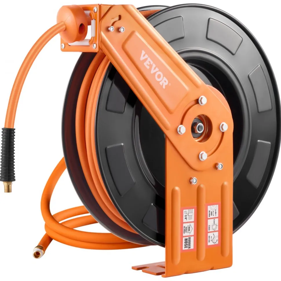 VEVOR Retractable Air Hose Reel, 3/8IN x 50FT Rubber Air Hose Max 300PSI, Air Compressor Hose Reel Auto-Rewind with 5FT Lead in, Ceiling/Wall Mount Heavy Duty Single Arm Reel & 180° Swivel Bracket