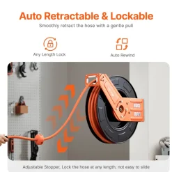 VEVOR Retractable Air Hose Reel, 3/8IN x 50FT Rubber Air Hose Max 300PSI, Air Compressor Hose Reel Auto-Rewind with 5FT Lead in, Ceiling/Wall Mount Heavy Duty Single Arm Reel & 180° Swivel Bracket