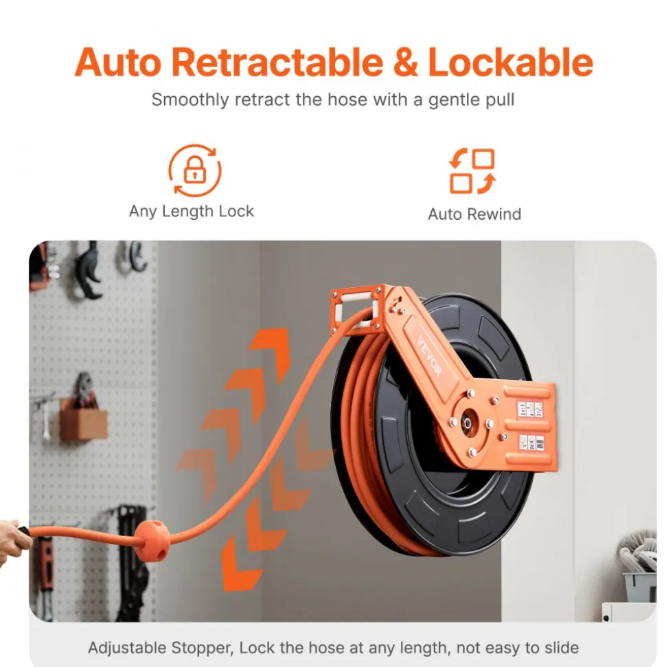 VEVOR Retractable Air Hose Reel, 3/8IN x 50FT Rubber Air Hose Max 300PSI, Air Compressor Hose Reel Auto-Rewind with 5FT Lead in, Ceiling/Wall Mount Heavy Duty Single Arm Reel & 180° Swivel Bracket