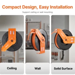 VEVOR Retractable Air Hose Reel, 3/8IN x 50FT Rubber Air Hose Max 300PSI, Air Compressor Hose Reel Auto-Rewind with 5FT Lead in, Ceiling/Wall Mount Heavy Duty Single Arm Reel & 180° Swivel Bracket