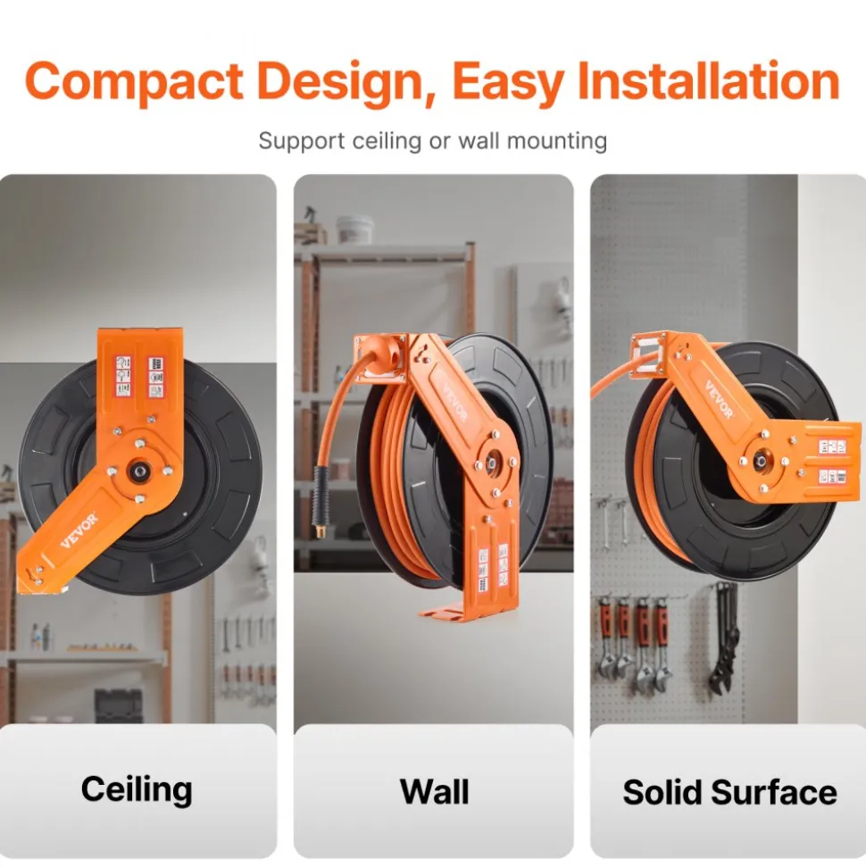VEVOR Retractable Air Hose Reel, 3/8IN x 50FT Rubber Air Hose Max 300PSI, Air Compressor Hose Reel Auto-Rewind with 5FT Lead in, Ceiling/Wall Mount Heavy Duty Single Arm Reel & 180° Swivel Bracket