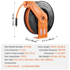 VEVOR Retractable Air Hose Reel, 3/8IN x 50FT Rubber Air Hose Max 300PSI, Air Compressor Hose Reel Auto-Rewind with 5FT Lead in, Ceiling/Wall Mount Heavy Duty Single Arm Reel & 180° Swivel Bracket