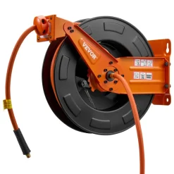 VEVOR Retractable Air Hose Reel, 3/8 Inch x 50 FT Rubber Air Hose Max 300PSI, Auto Rewind Air-Compressor Hoses Reel with 5 ft Lead in, Ceiling/Wall Mount Heavy Duty Steel Double Arm