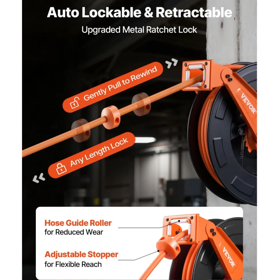 VEVOR Retractable Air Hose Reel, 3/8 Inch x 50 FT Rubber Air Hose Max 300PSI, Auto Rewind Air-Compressor Hoses Reel with 5 ft Lead in, Ceiling/Wall Mount Heavy Duty Steel Double Arm