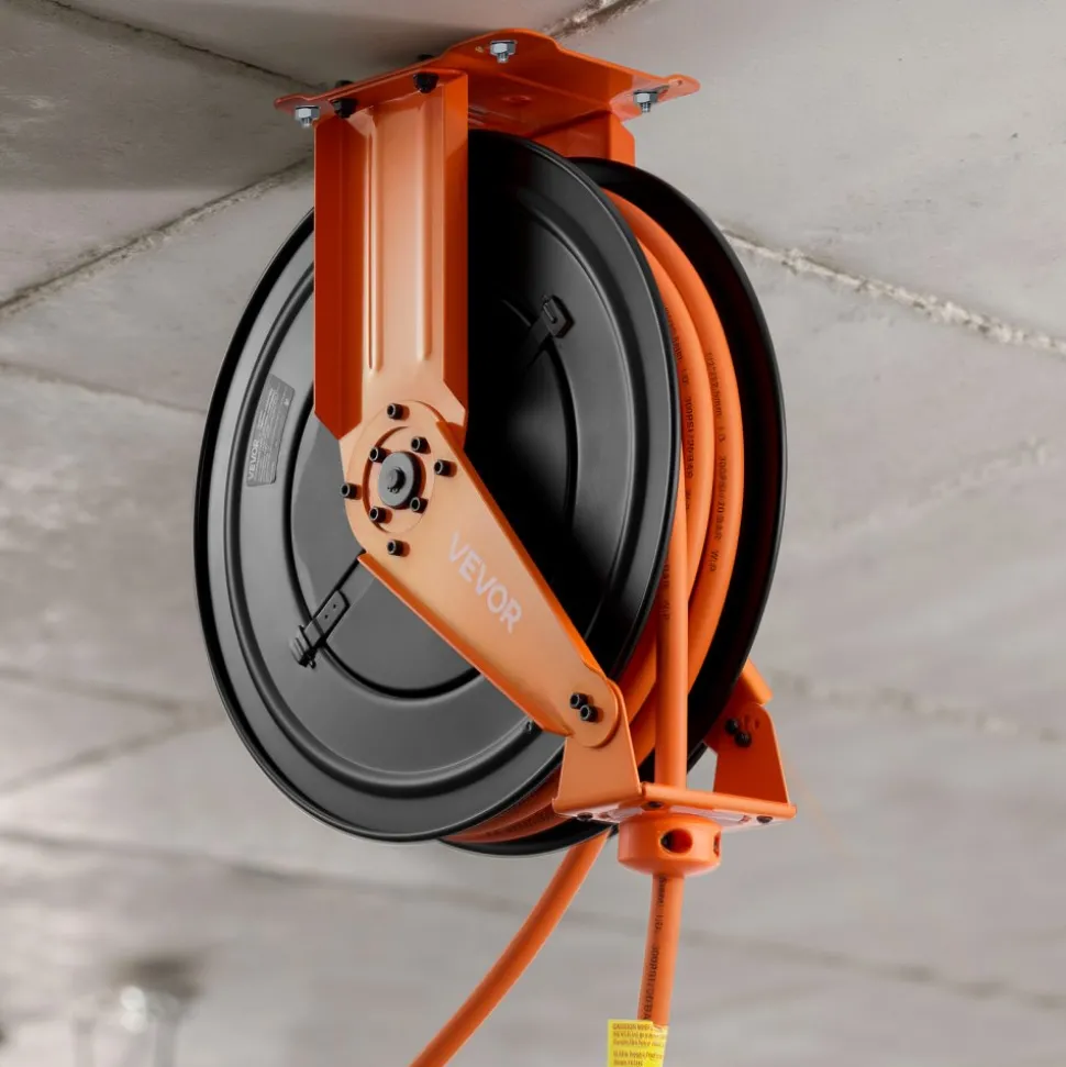 VEVOR Retractable Air Hose Reel, 1/2 Inch x 50 FT Rubber Air Hose Max 300PSI, Auto Rewind Air-Compressor Hoses Reel with 5 ft Lead in, Ceiling/Wall Mount Heavy Duty Steel Double Arm