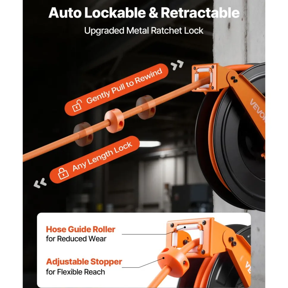 VEVOR Retractable Air Hose Reel, 1/2 Inch x 50 FT Rubber Air Hose Max 300PSI, Auto Rewind Air-Compressor Hoses Reel with 5 ft Lead in, Ceiling/Wall Mount Heavy Duty Steel Double Arm