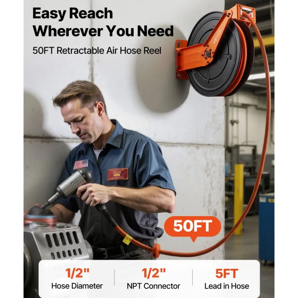 VEVOR Retractable Air Hose Reel, 1/2 Inch x 50 FT Rubber Air Hose Max 300PSI, Auto Rewind Air-Compressor Hoses Reel with 5 ft Lead in, Ceiling/Wall Mount Heavy Duty Steel Double Arm