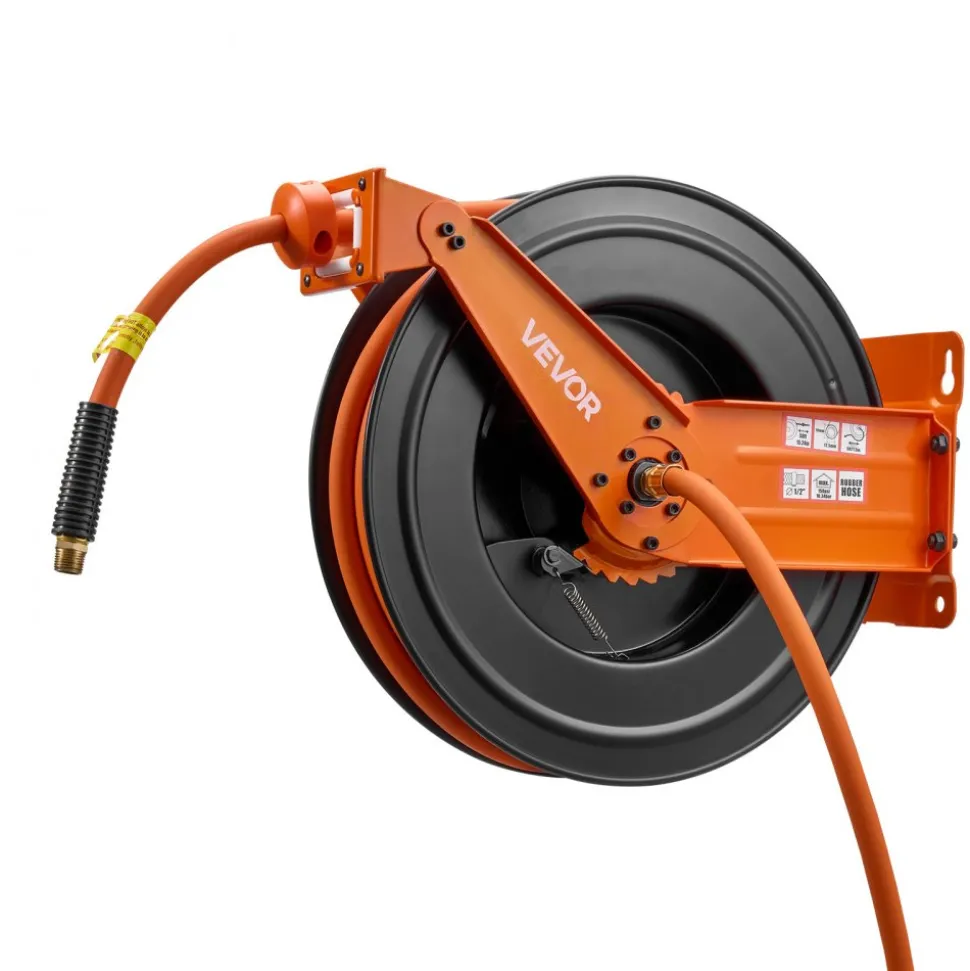 VEVOR Retractable Air Hose Reel, 1/2 Inch x 50 FT Rubber Air Hose Max 300PSI, Auto Rewind Air-Compressor Hoses Reel with 5 ft Lead in, Ceiling/Wall Mount Heavy Duty Steel Double Arm