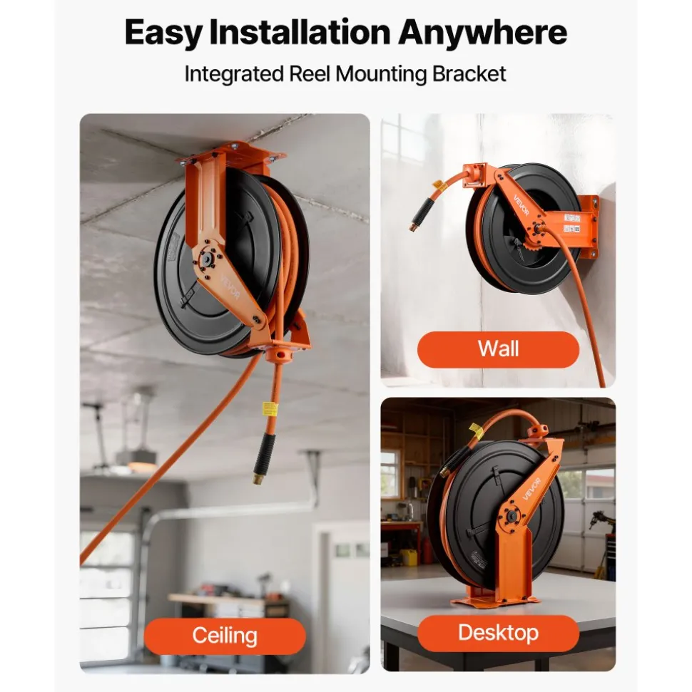 VEVOR Retractable Air Hose Reel, 1/2 Inch x 50 FT Rubber Air Hose Max 300PSI, Auto Rewind Air-Compressor Hoses Reel with 5 ft Lead in, Ceiling/Wall Mount Heavy Duty Steel Double Arm