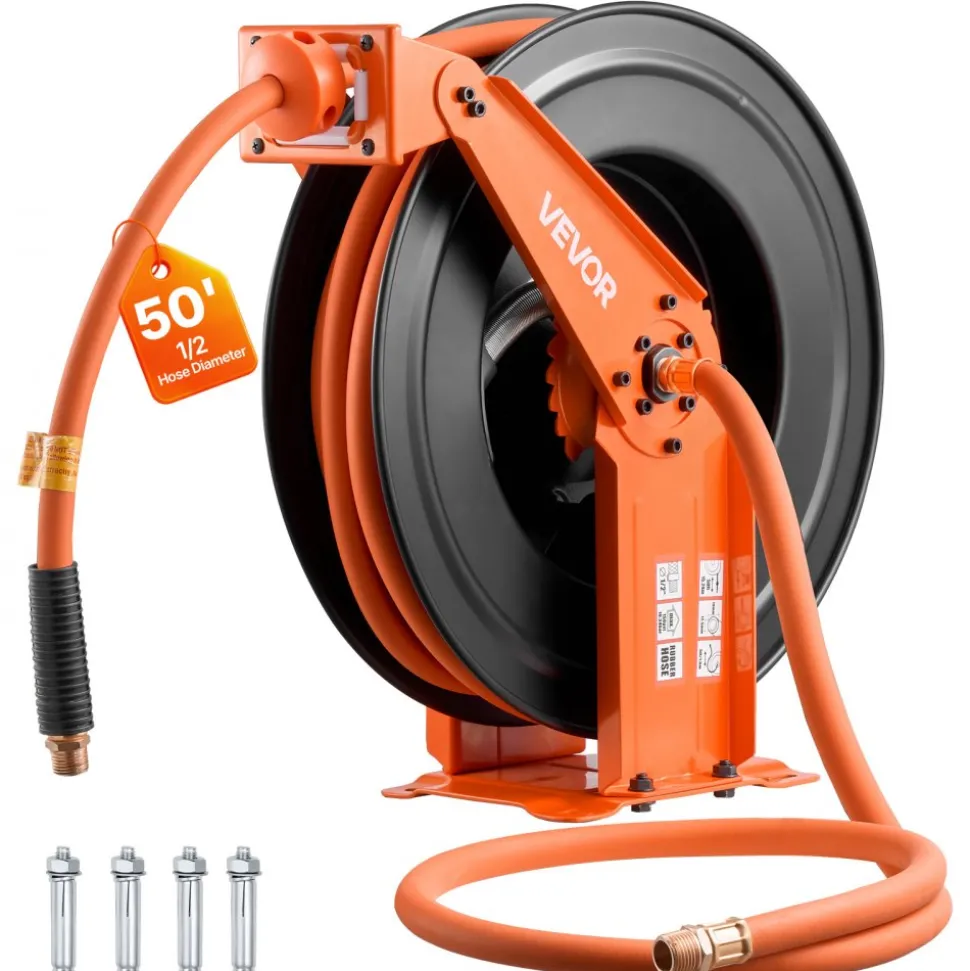 VEVOR Retractable Air Hose Reel, 1/2 Inch x 50 FT Rubber Air Hose Max 300PSI, Auto Rewind Air-Compressor Hoses Reel with 5 ft Lead in, Ceiling/Wall Mount Heavy Duty Steel Double Arm