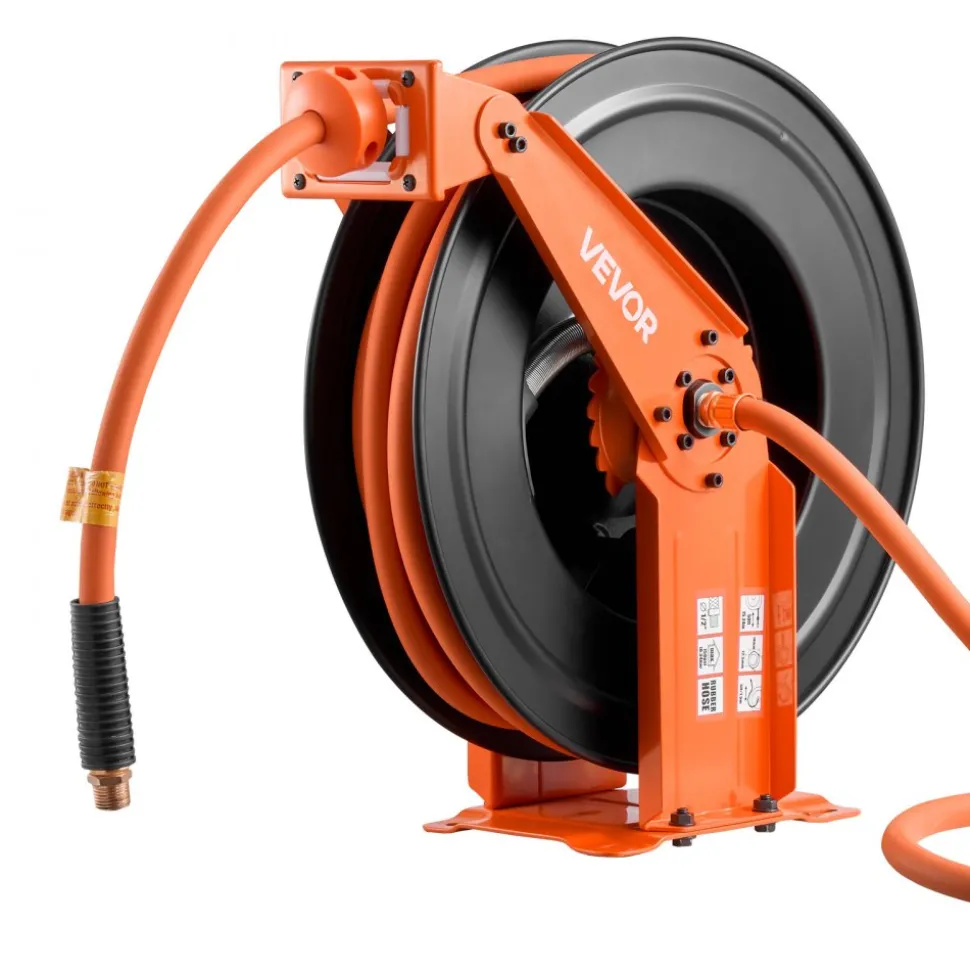 VEVOR Retractable Air Hose Reel, 1/2 Inch x 50 FT Rubber Air Hose Max 300PSI, Auto Rewind Air-Compressor Hoses Reel with 5 ft Lead in, Ceiling/Wall Mount Heavy Duty Steel Double Arm