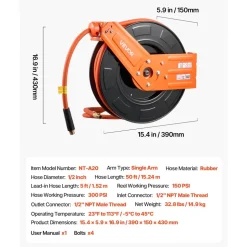 VEVOR Retractable Air Hose Reel, 1/2 Inch x 50 FT Rubber Air Hose Max 300PSI, Auto Rewind Air-Compressor Hoses Reel with 5 ft Lead in, Ceiling/Wall Mount for Garage Workshops