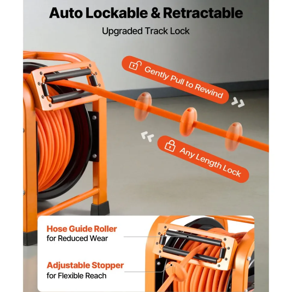 VEVOR Retractable Air Hose Reel, 3/8 IN x 50 FT Hybrid Air Hose Max 300PSI, Air Compressor Hose Reel with 5 In Lead in, Ceiling / Wall Mount Heavy Duty Single Arm Steel Reel