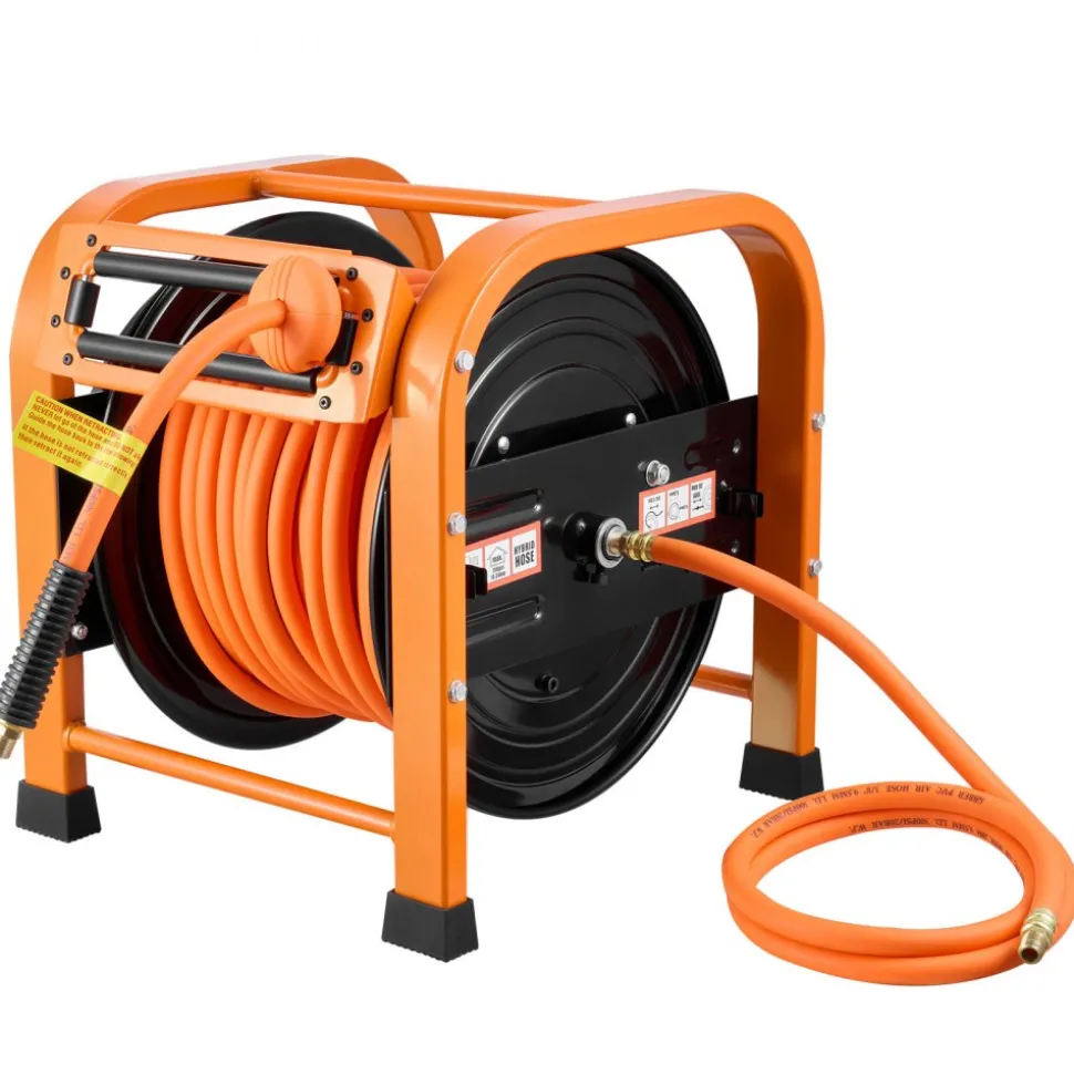 VEVOR Retractable Air Hose Reel, 3/8 IN x 50 FT Hybrid Air Hose Max 300PSI, Air Compressor Hose Reel with 5 In Lead in, Ceiling / Wall Mount Heavy Duty Single Arm Steel Reel