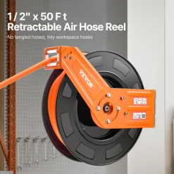 VEVOR Retractable Air Hose Reel, 1/2 IN x 50 FT Hybrid Air Hose Max 300PSI, Air Compressor Hose Reel Auto-Rewind with 5FT Lead in, Ceiling/Wall Mount Heavy Duty Single Arm Steel Reel, 1/2" NPT Fitting