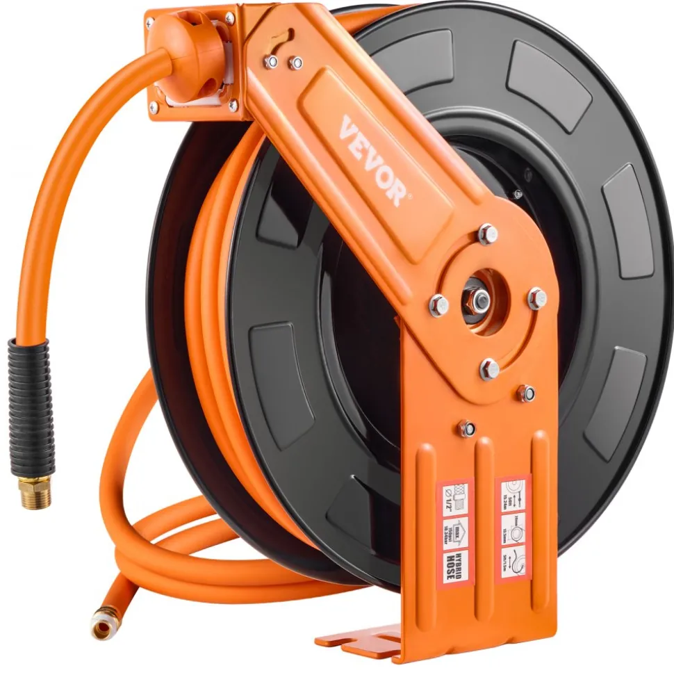 VEVOR Retractable Air Hose Reel, 1/2 IN x 50 FT Hybrid Air Hose Max 300PSI, Air Compressor Hose Reel Auto-Rewind with 5FT Lead in, Ceiling/Wall Mount Heavy Duty Single Arm Steel Reel, 1/2" NPT Fitting