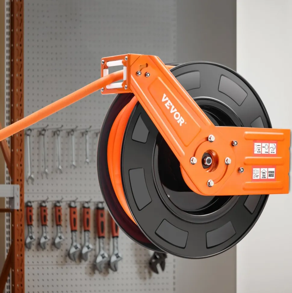 VEVOR Retractable Air Hose Reel, 1/2 IN x 50 FT Hybrid Air Hose Max 300PSI, Air Compressor Hose Reel Auto-Rewind with 5FT Lead in, Ceiling/Wall Mount Heavy Duty Single Arm Steel Reel, 1/2" NPT Fitting