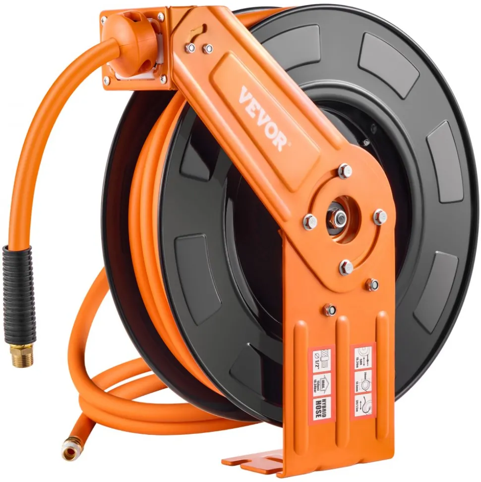 VEVOR Retractable Air Hose Reel, 1/2 IN x 50 FT Hybrid Air Hose Max 300PSI, Air Compressor Hose Reel Auto-Rewind with 5FT Lead in, Ceiling/Wall Mount Heavy Duty Single Arm Steel Reel, 1/2" NPT Fitting