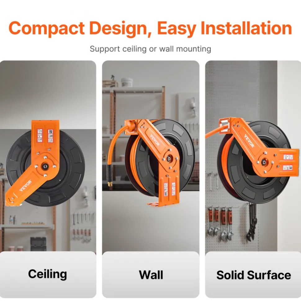 VEVOR Retractable Air Hose Reel, 1/2 IN x 50 FT Hybrid Air Hose Max 300PSI, Air Compressor Hose Reel Auto-Rewind with 5FT Lead in, Ceiling/Wall Mount Heavy Duty Single Arm Steel Reel, 1/2" NPT Fitting