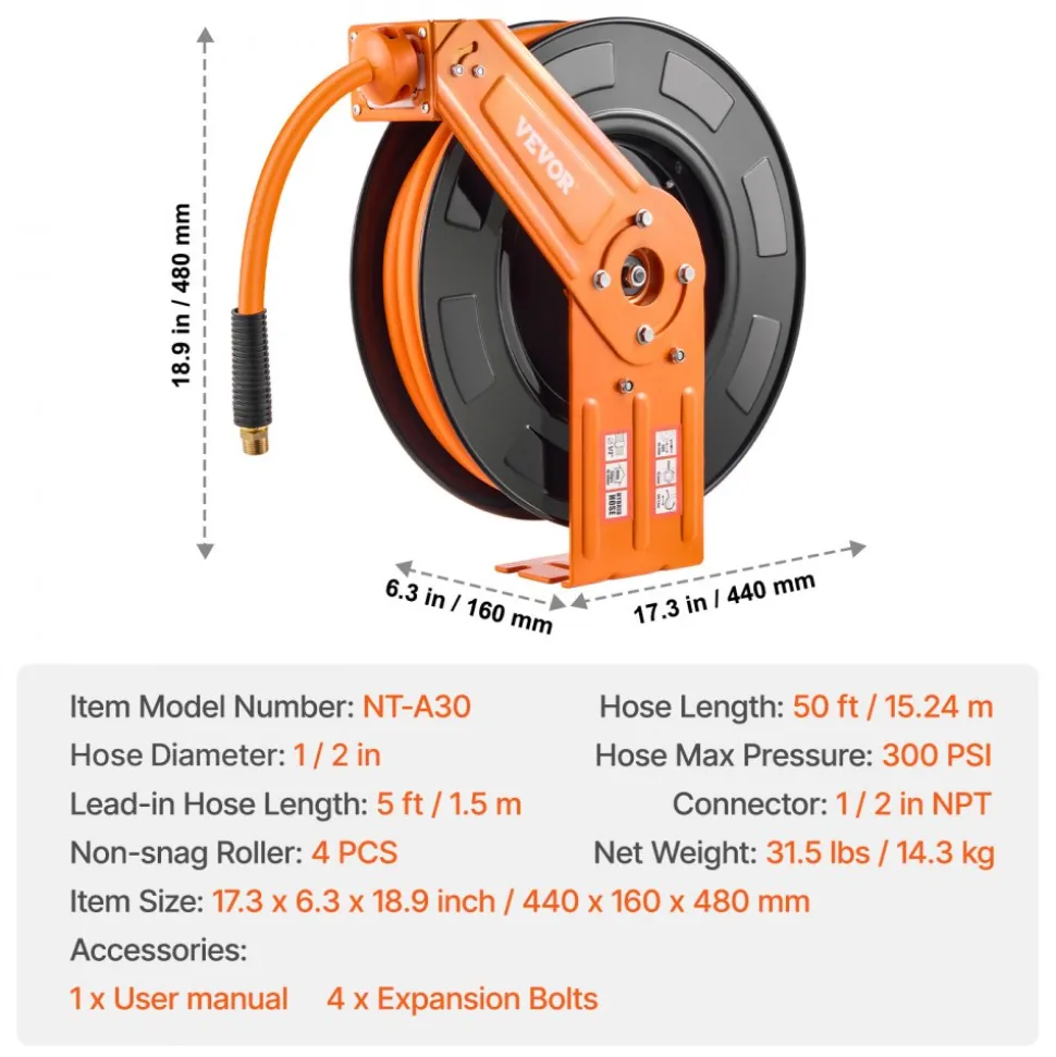 VEVOR Retractable Air Hose Reel, 1/2 IN x 50 FT Hybrid Air Hose Max 300PSI, Air Compressor Hose Reel Auto-Rewind with 5FT Lead in, Ceiling/Wall Mount Heavy Duty Single Arm Steel Reel, 1/2" NPT Fitting