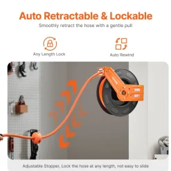 VEVOR Retractable Air Hose Reel, 1/2 IN x 50 FT Hybrid Air Hose Max 300PSI, Air Compressor Hose Reel Auto-Rewind with 5FT Lead in, Ceiling/Wall Mount Heavy Duty Single Arm Steel Reel, 1/2