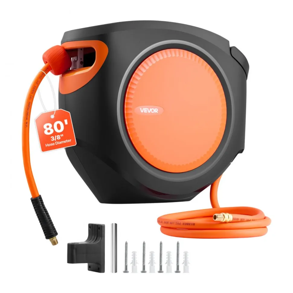 VEVOR Retractable Air Hose Reel, 3/8 Inch x 80 FT Hybrid Air Hose Max 300PSI, Enclosed Air-Compressor Hoses Reel Auto Rewind with 6.6 ft Lead in, 180° Swivel Ceiling/Wall Mount for Workshops