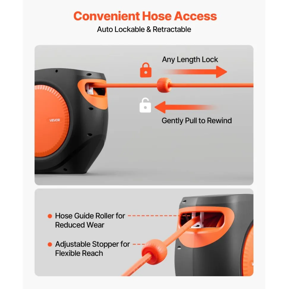 VEVOR Retractable Air Hose Reel, 3/8 Inch x 80 FT Hybrid Air Hose Max 300PSI, Enclosed Air-Compressor Hoses Reel Auto Rewind with 6.6 ft Lead in, 180° Swivel Ceiling/Wall Mount for Workshops