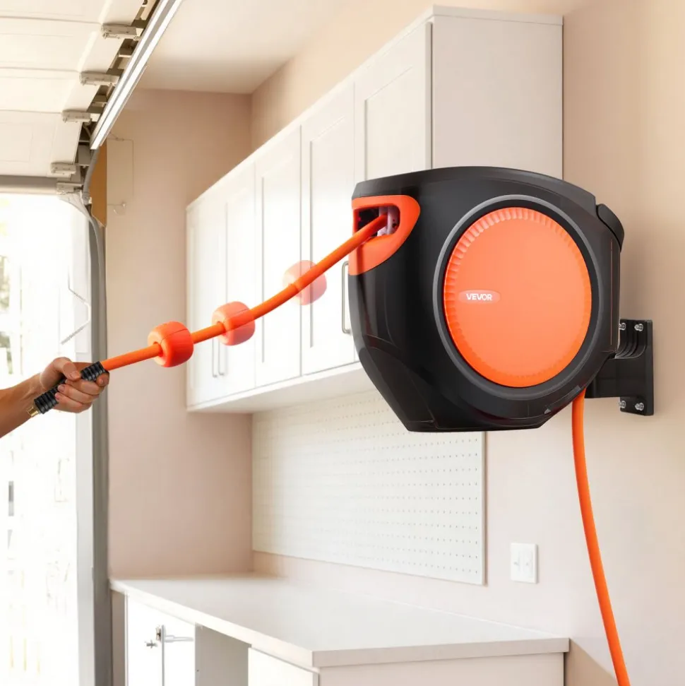 VEVOR Retractable Air Hose Reel, 3/8 Inch x 80 FT Hybrid Air Hose Max 300PSI, Enclosed Air-Compressor Hoses Reel Auto Rewind with 6.6 ft Lead in, 180° Swivel Ceiling/Wall Mount for Workshops