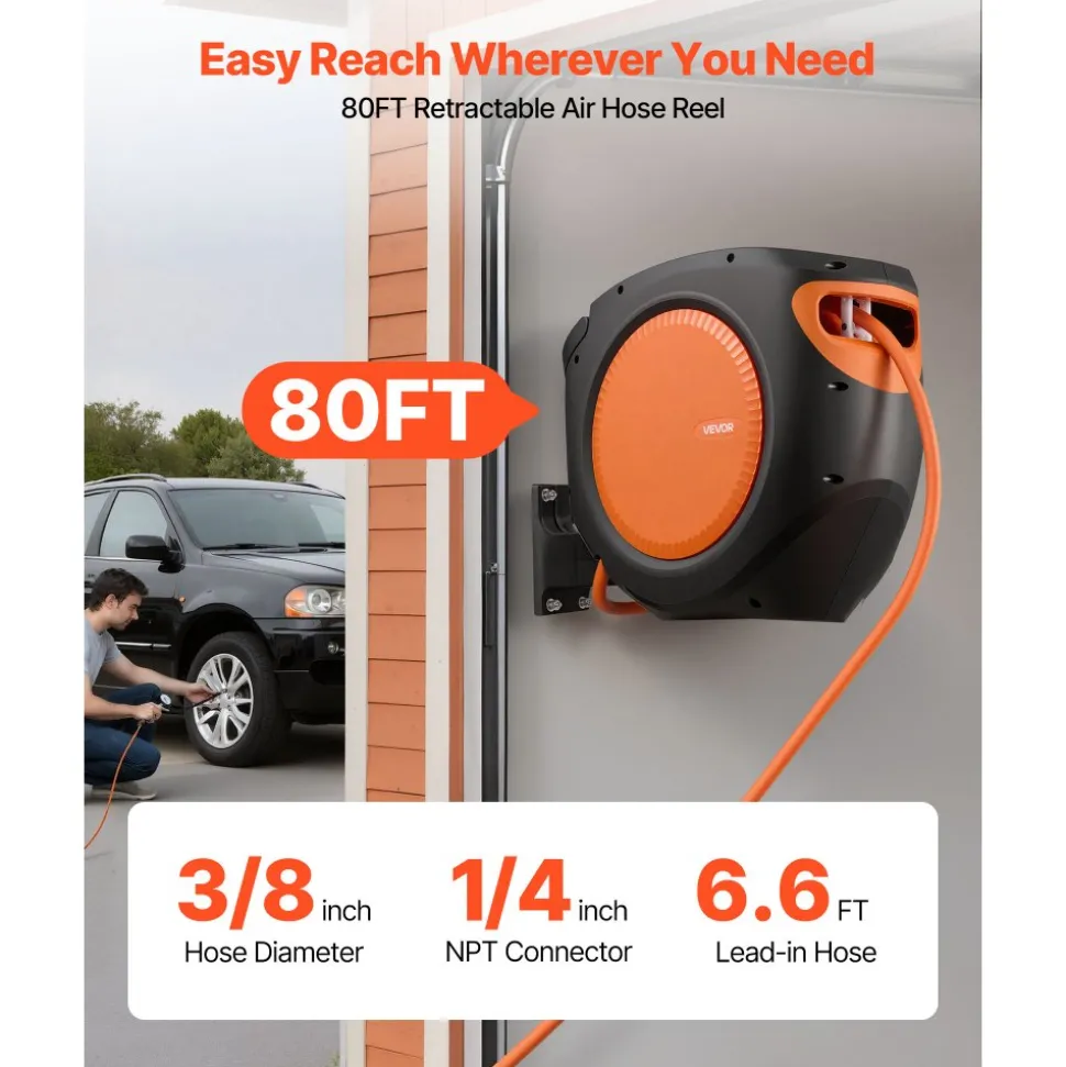 VEVOR Retractable Air Hose Reel, 3/8 Inch x 80 FT Hybrid Air Hose Max 300PSI, Enclosed Air-Compressor Hoses Reel Auto Rewind with 6.6 ft Lead in, 180° Swivel Ceiling/Wall Mount for Workshops