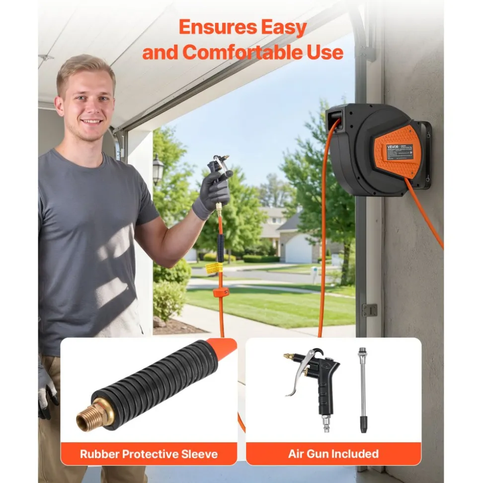 VEVOR Retractable Air Hose Reel, 1/4 Inch x 50 FT Hybrid Air Hose Max 300PSI, Enclosed Air-Compressor Hoses Reel Auto Rewind with 6.6 ft Lead in & Blow Gun, 180° Swivel Ceiling/Wall Mount